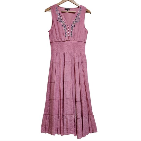 J Glee Dress Womens PL Pink Floral Gauzy Sleeveless Embroidered Tiered Smocked - Picture 1 of 12